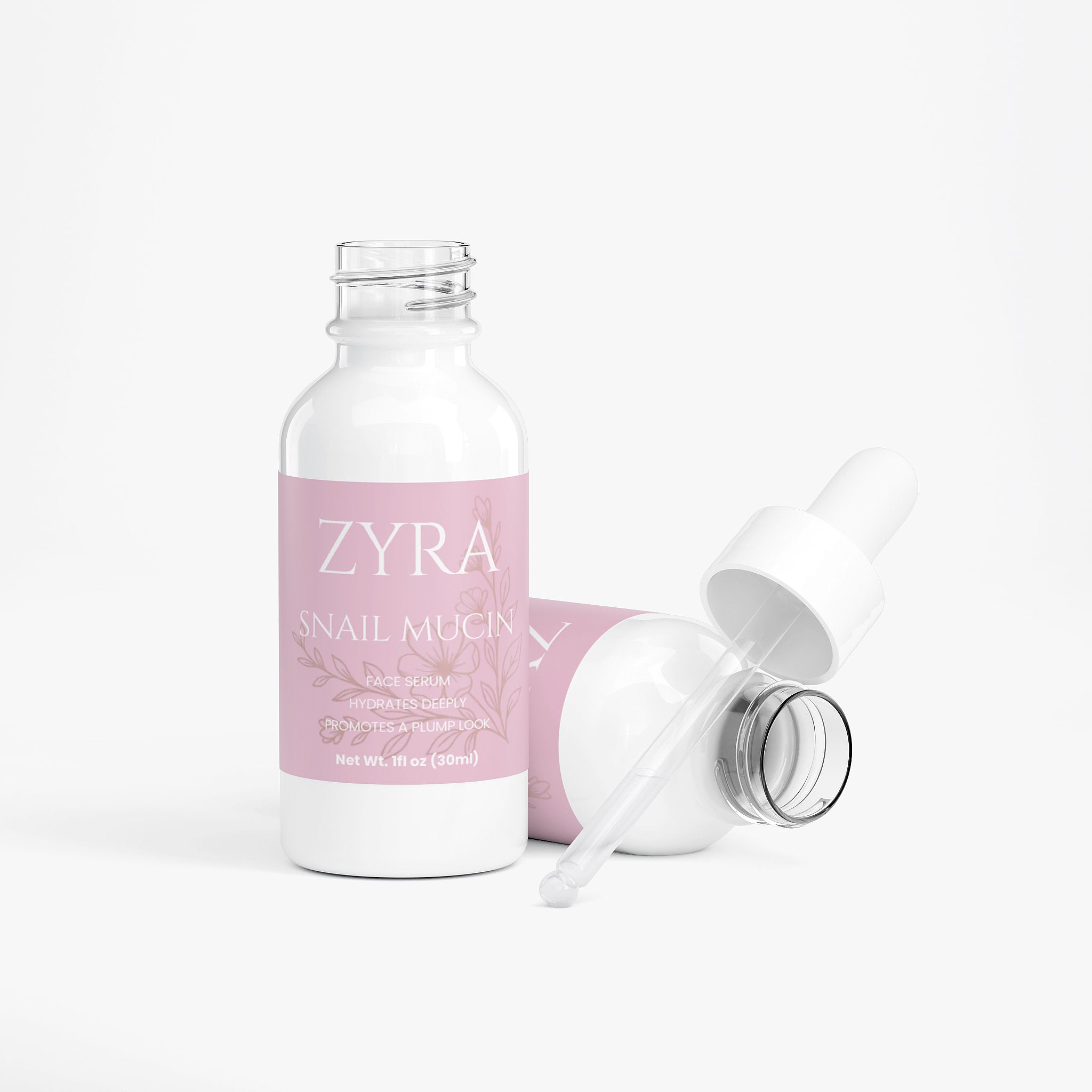 Zyra snail mucin facial serum bottle with dropper on a white background