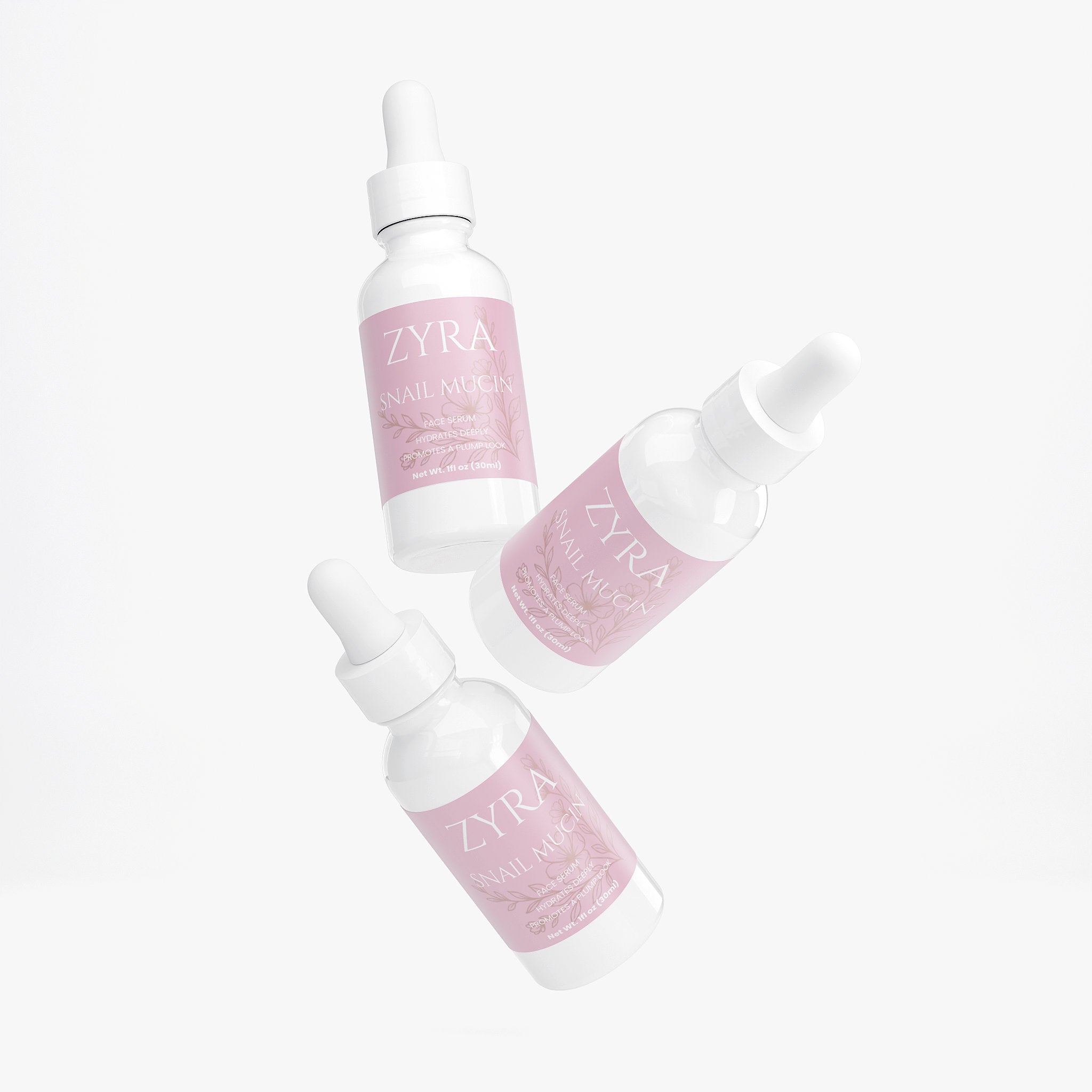 Three bottles of ZYRA facial serum on a white background